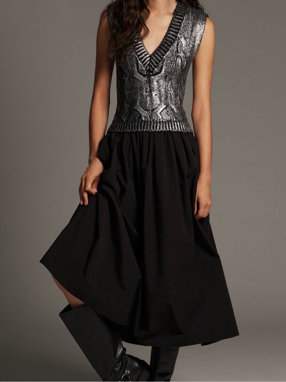 Pilcro Black Midi Skirt with Metallic Silver Waist Detail
